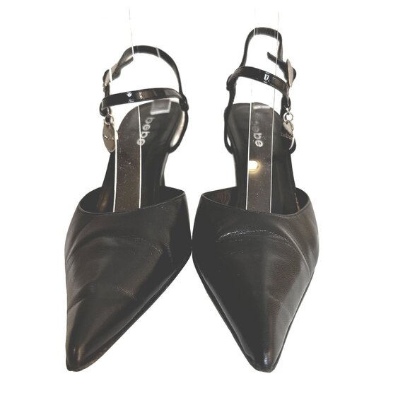 BEBE Women Italian Leather Stiletto Heels Strap Charm Party Club Shoes 9M - Picture 5 of 7